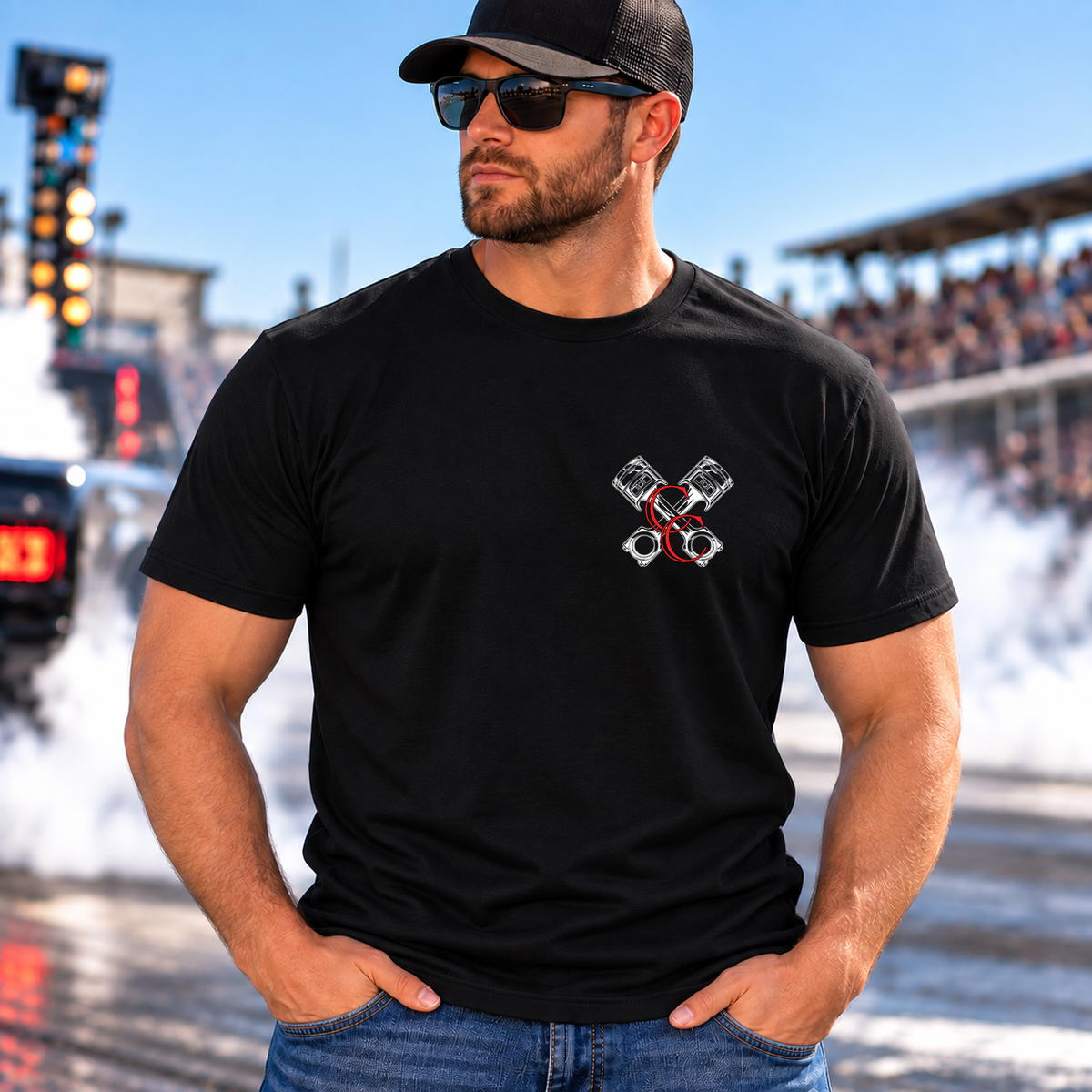 Front view of man wearing black Burnouts and Beer racing T-shirt with Car Chix left chest logo