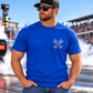 Front view of man wearing blue Burnouts and Beer racing T-shirt with Car Chix left chest logo