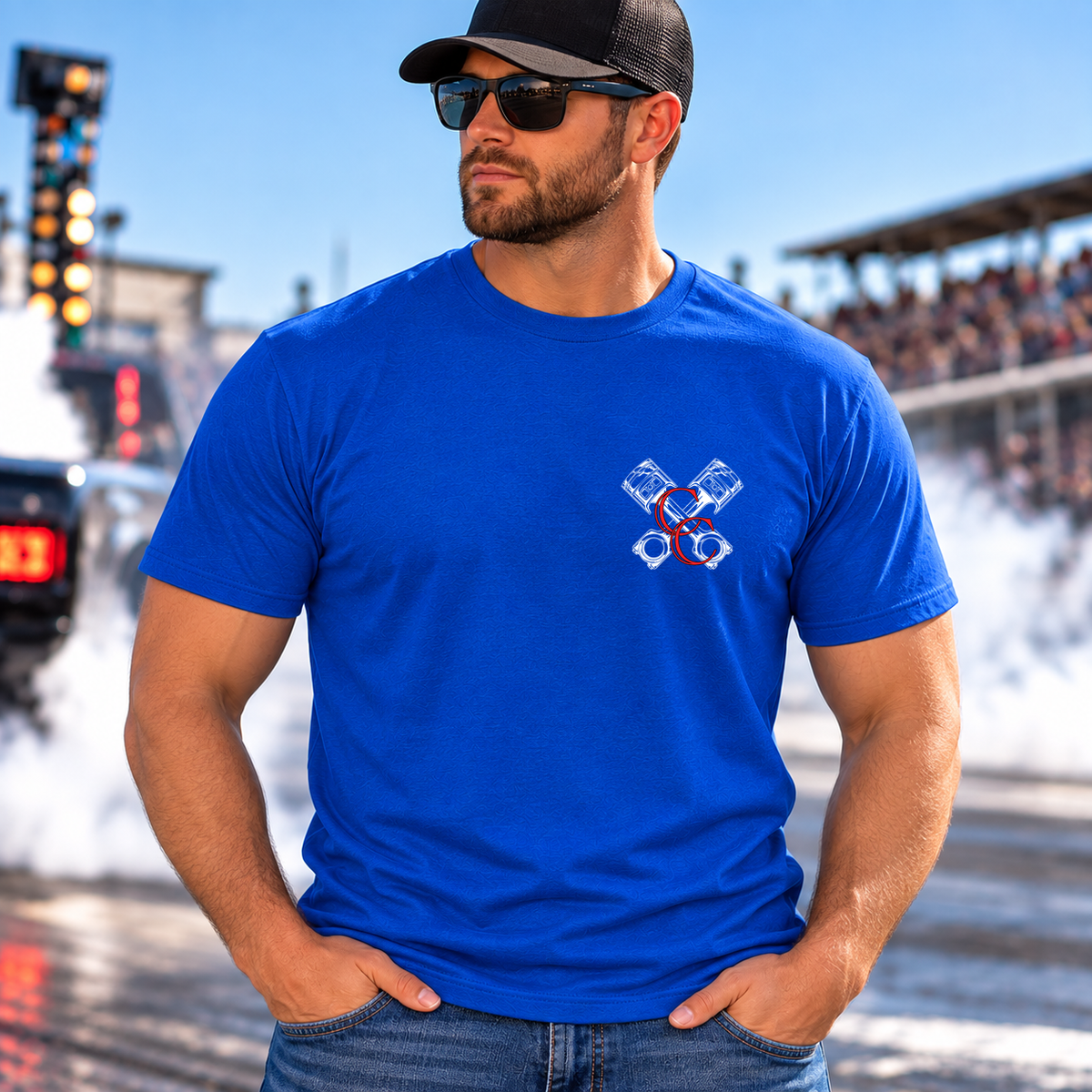 Front view of man wearing blue Burnouts and Beer racing T-shirt with Car Chix left chest logo