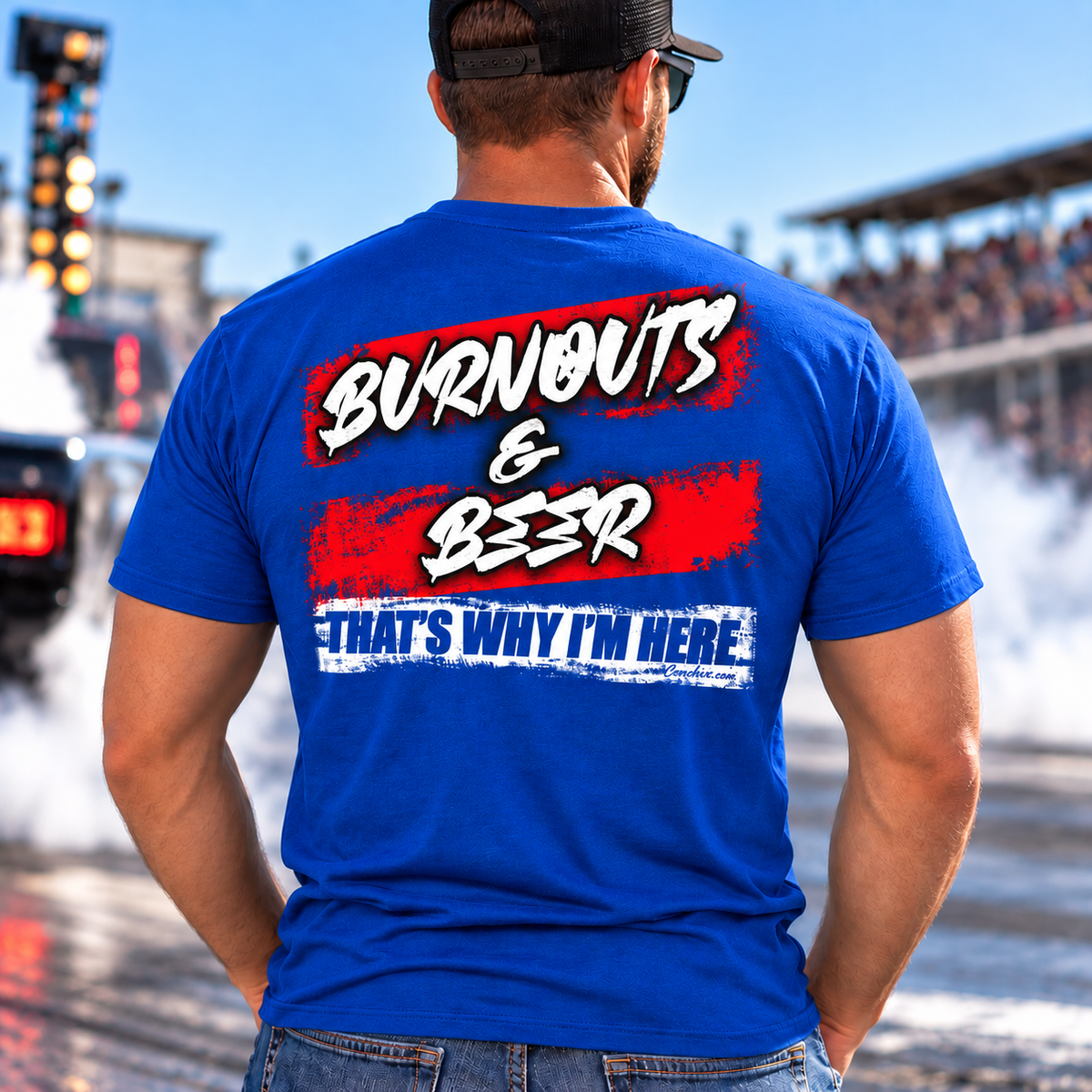 Man wearing blue Burnouts and Beer That's Why I'm Here racing T-shirt by Car Chix