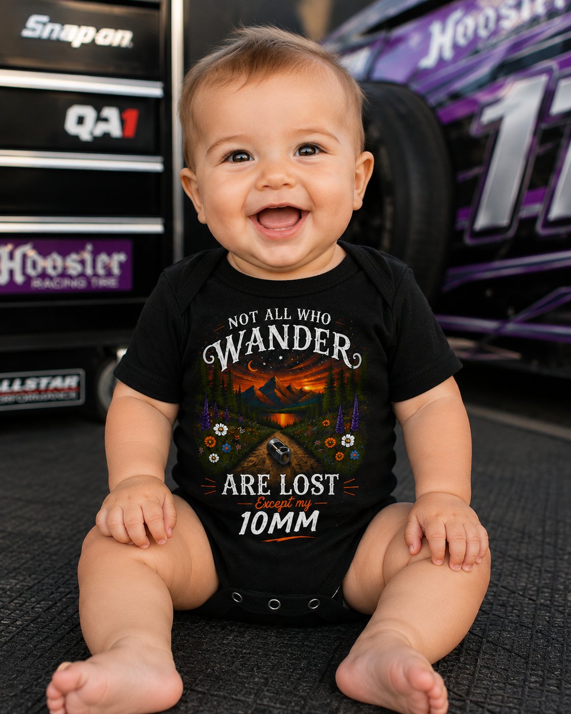 Baby boy wearing Not All Who Wander Are Lost Except My 10mm racing bodysuit by Car Chix