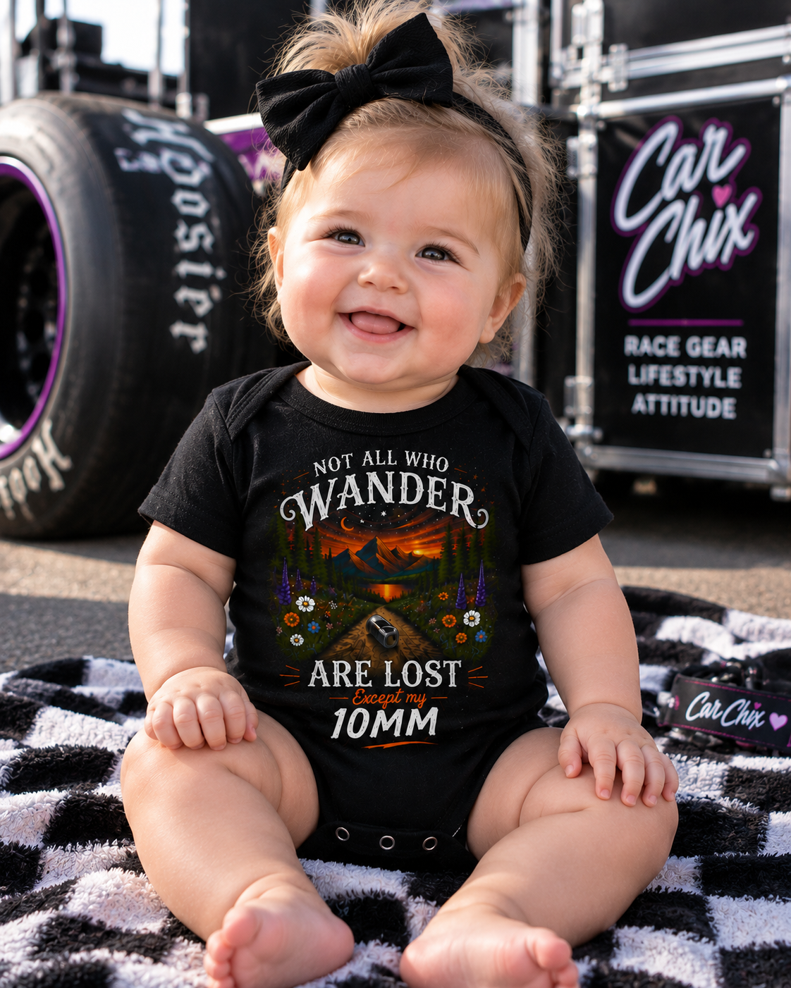 Baby girl wearing funny 10mm socket mechanic bodysuit for little racers and gearheads