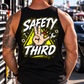 Man wearing black Safety Third tank top with funny mechanic and racing design by Car Chix