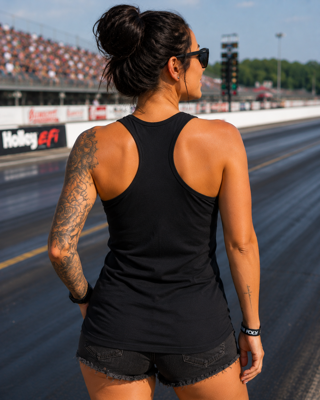 Back view of women's black racerback tank top by Car Chix