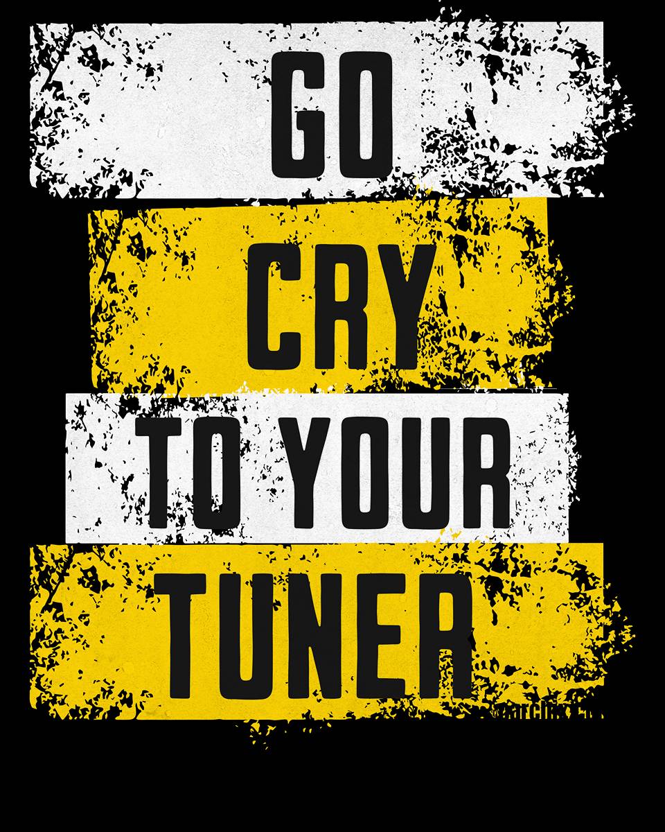 Car Chix Go Cry to Your Tuner racing T-shirt graphic featuring bold distressed white and yellow lettering for drag racers, mechanics and car enthusiasts.