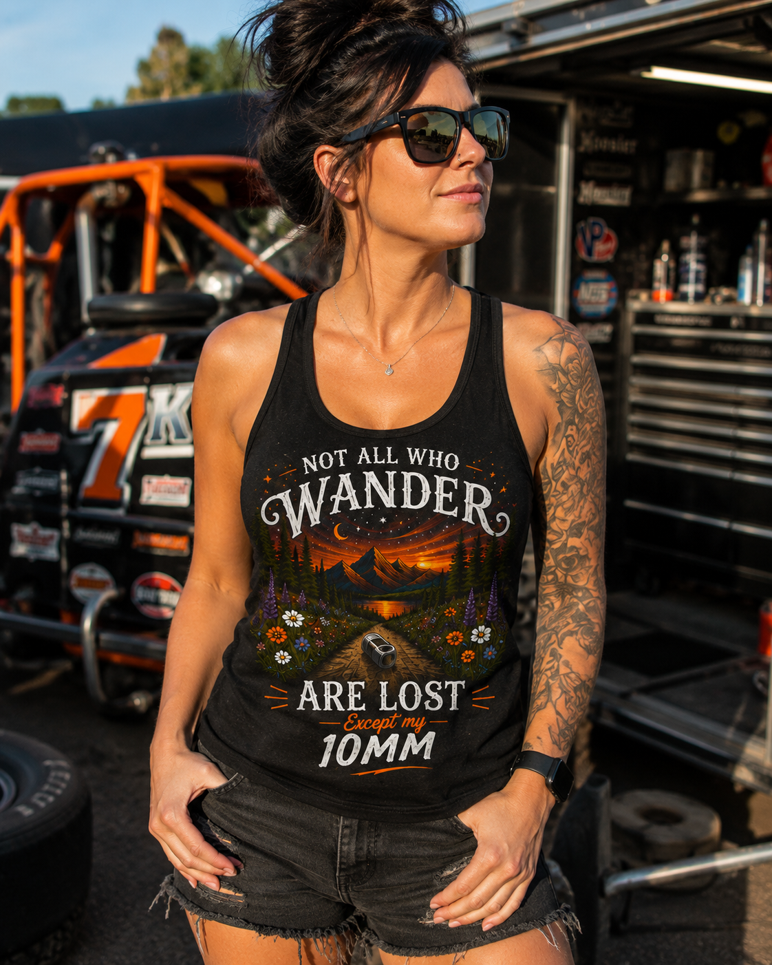 Woman wearing Not All Who Wander Are Lost Except My 10mm mechanic racerback tank by Car Chix
