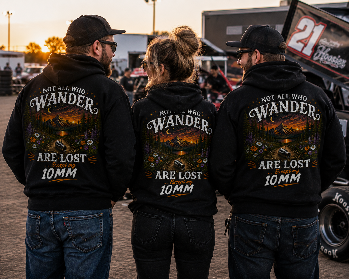 Men and woman wearing funny 10mm socket mechanic hoodies at a dirt track race