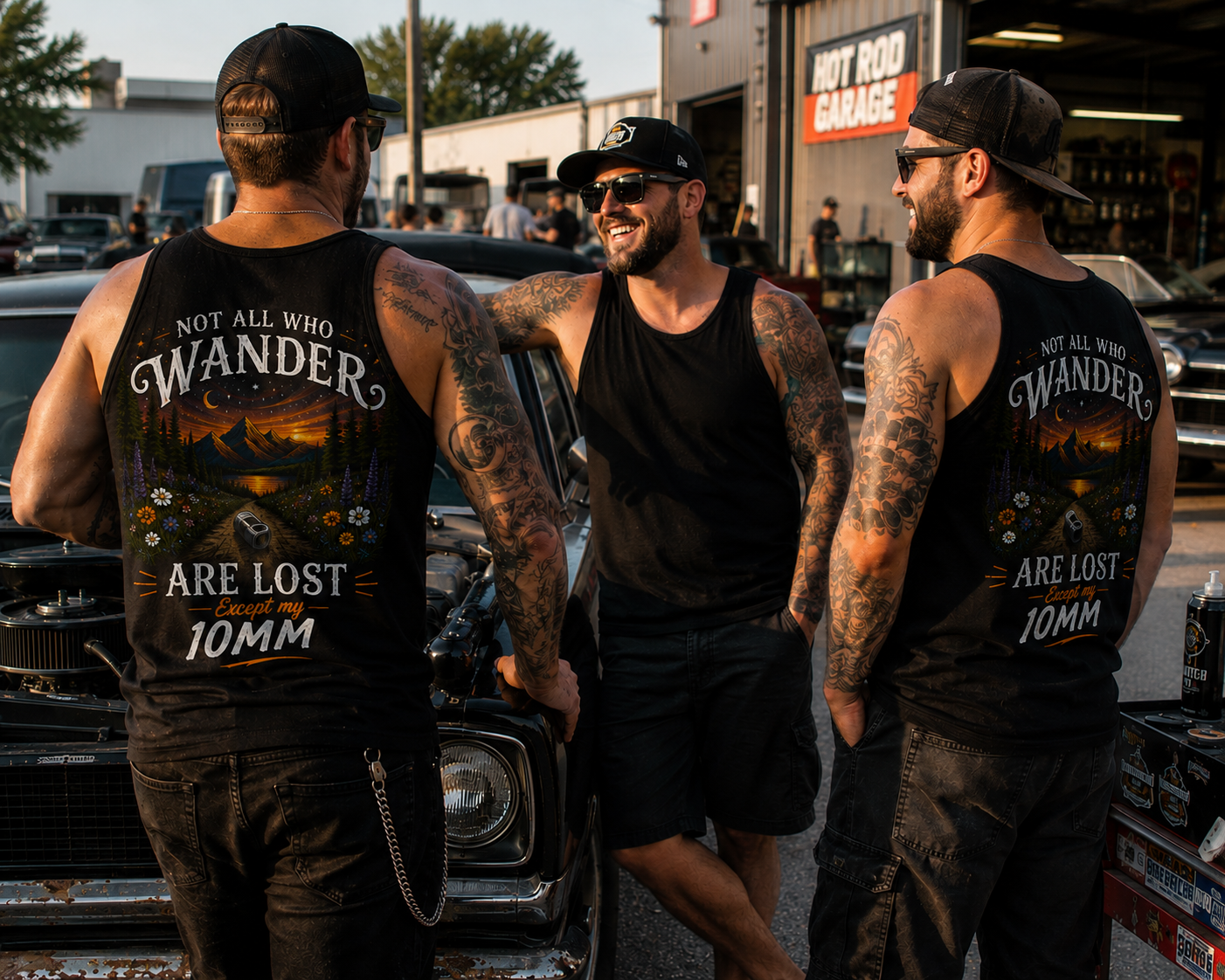 Men wearing funny 10mm socket mechanic tank tops at a hot rod garage