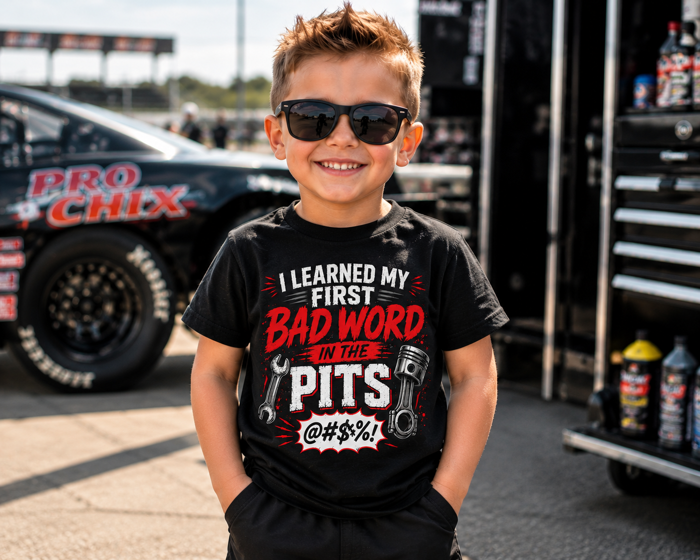 Toddler boy wearing I Learned My First Bad Word in the Pits racing T-shirt at the racetrack