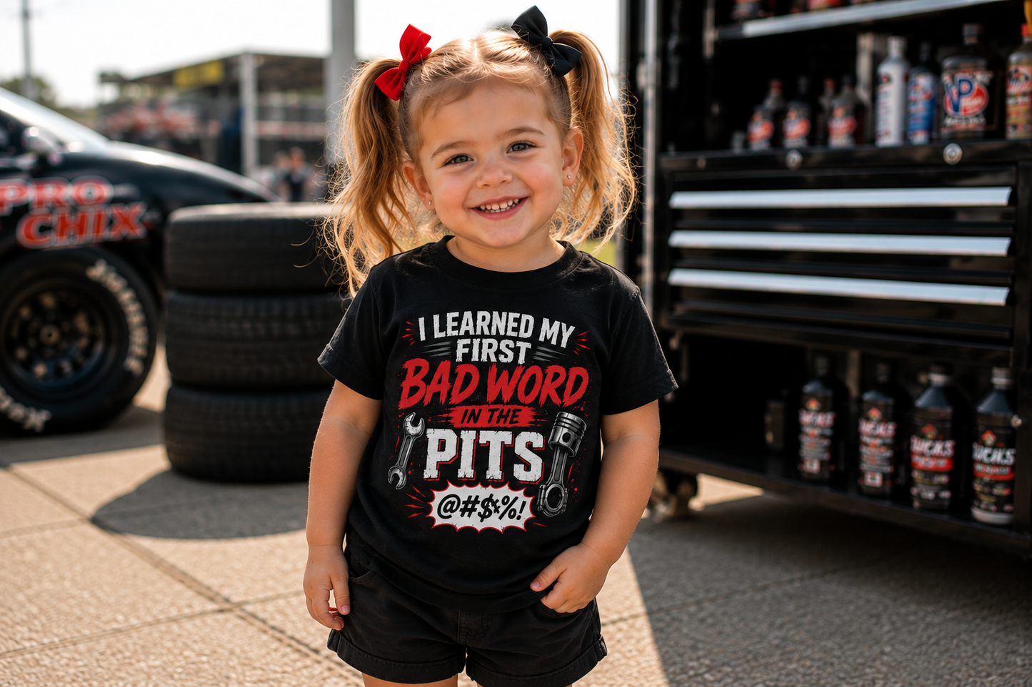 Toddler girl wearing I Learned My First Bad Word in the Pits kids racing tee in the pits