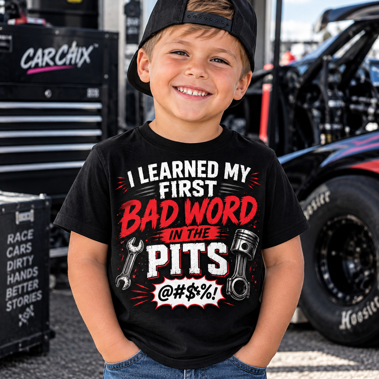Boy wearing I Learned My First Bad Word in the Pits youth racing shirt at the racetrack
