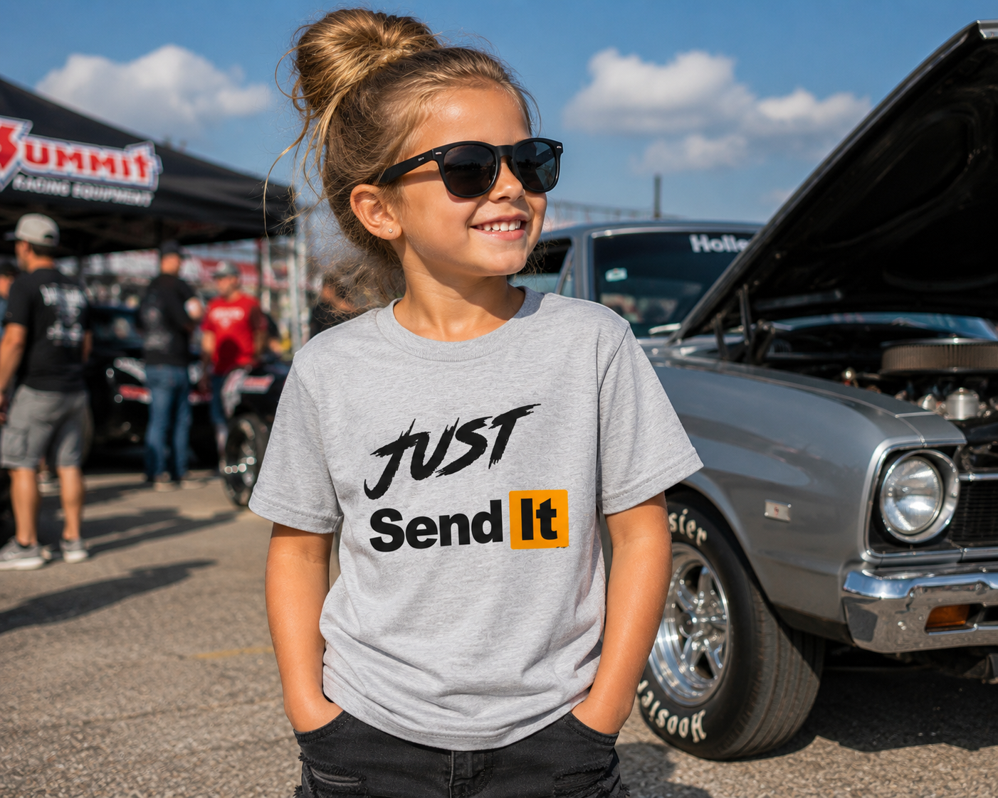 Just Send It youth light grey racing T-shirt for kids by Car Chix