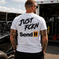 White Just Fckn Send It racing shirt with large black back graphic by Car Chix
