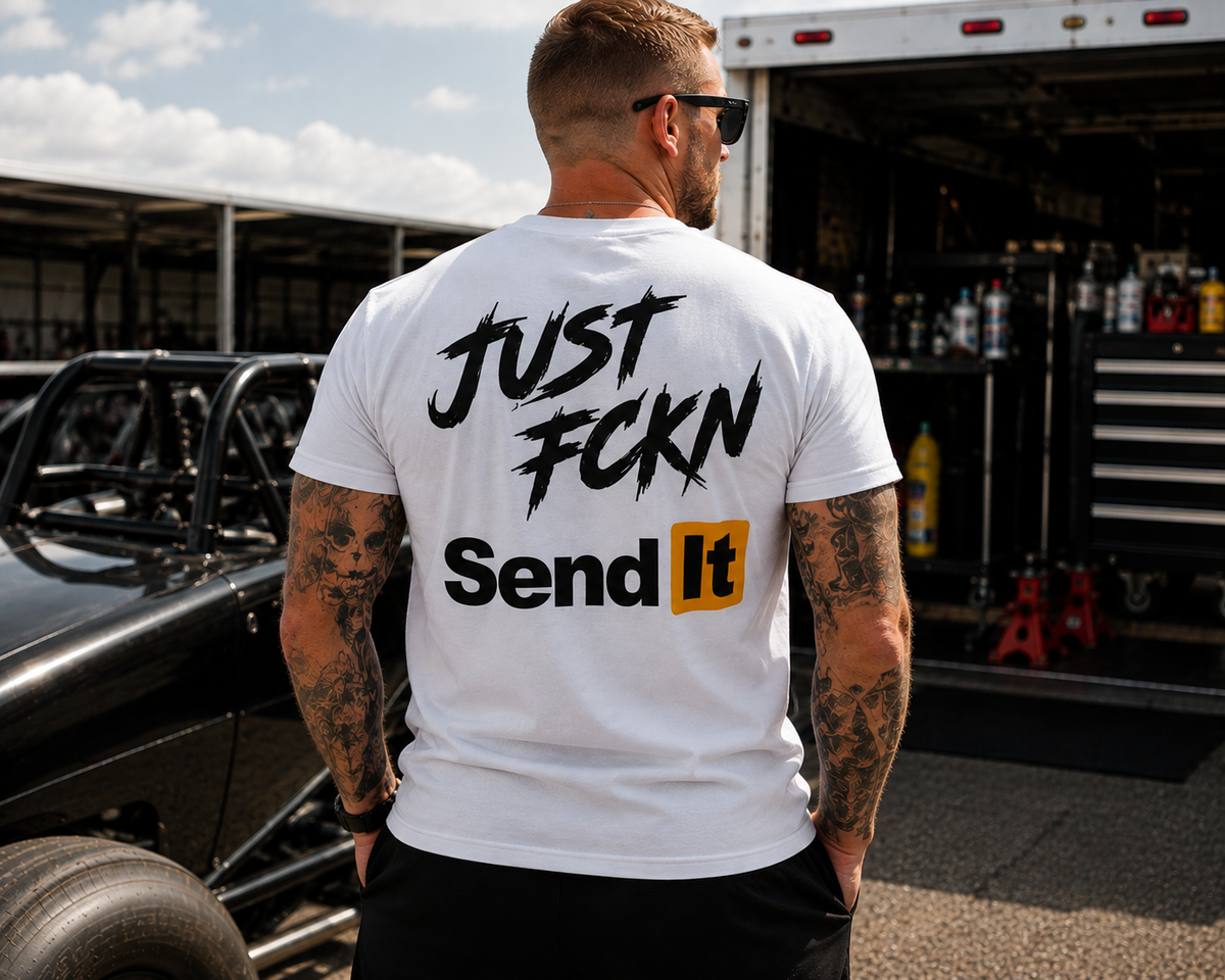 White Just Fckn Send It racing shirt with large black back graphic by Car Chix