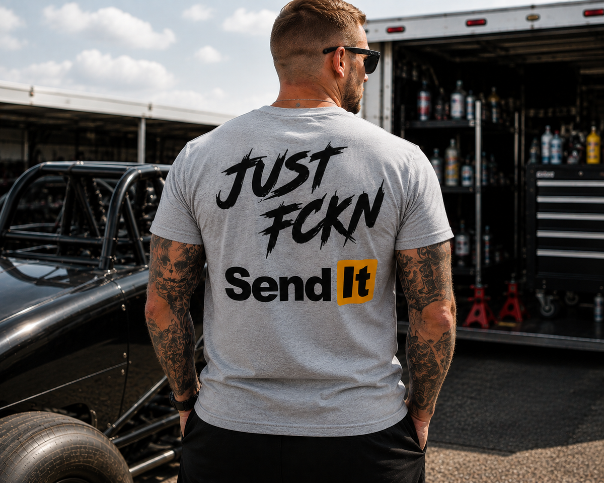 Grey Just Fckn Send It motorsports T-shirt with large black back design by Car Chix