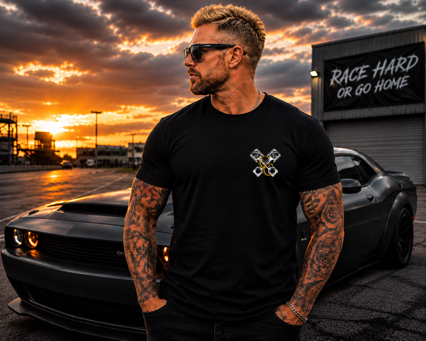 Black Just Fckn Send It T-shirt with Car Chix CC Piston Crest on left chest