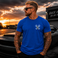 Blue racing T-shirt with Car Chix CC Piston Crest left chest print