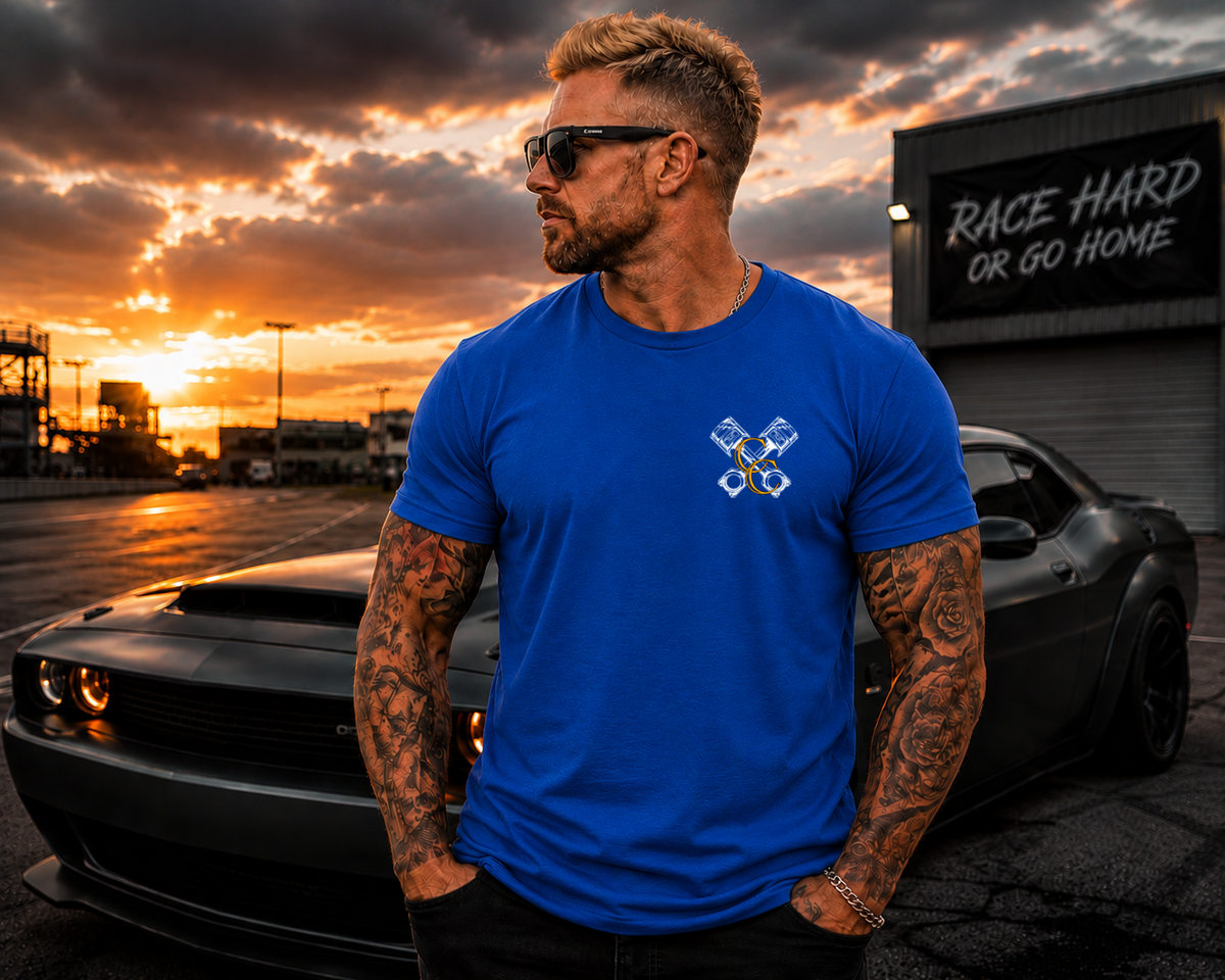 Blue racing T-shirt with Car Chix CC Piston Crest left chest print