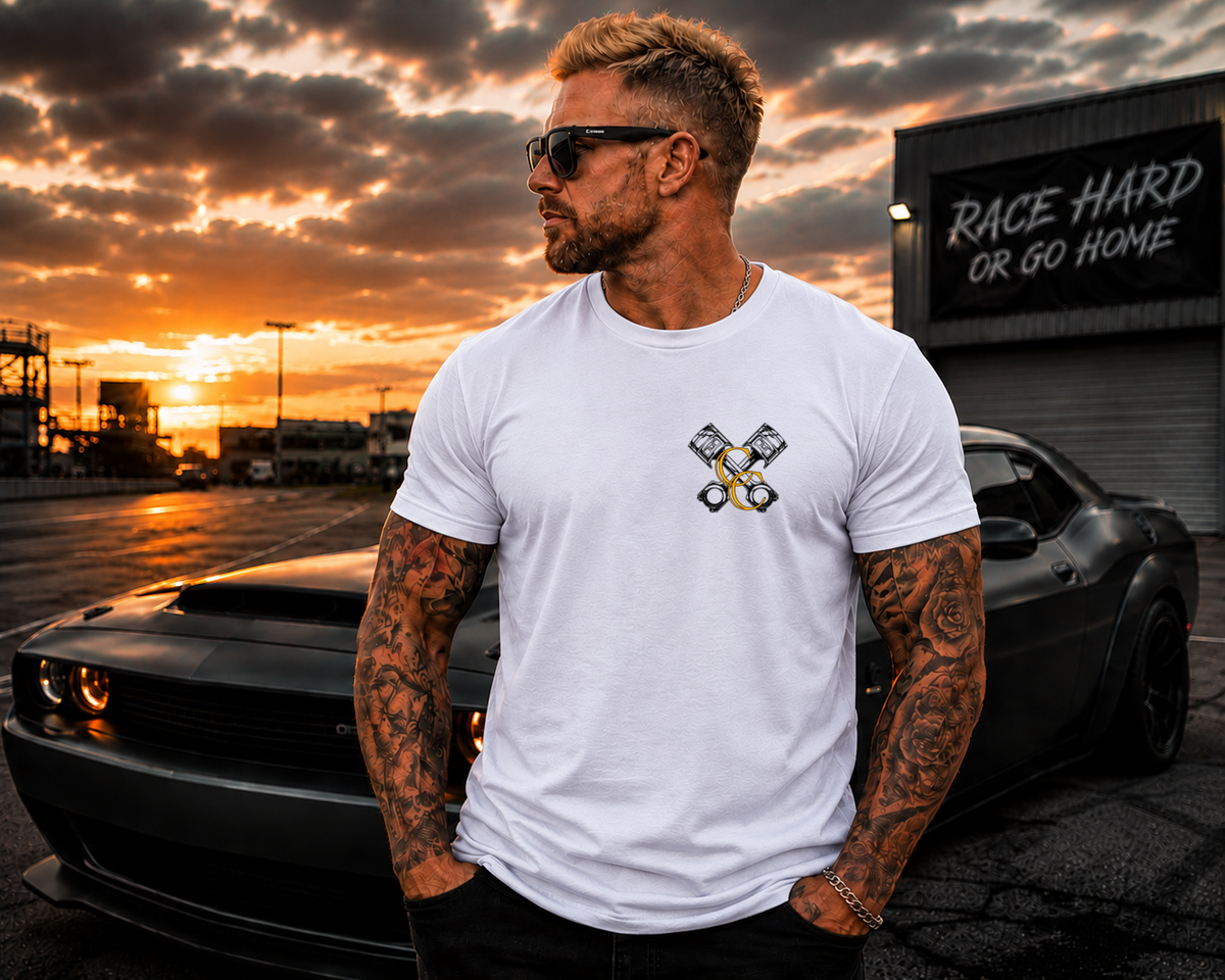 White racing T-shirt with Car Chix CC Piston Crest on left chest