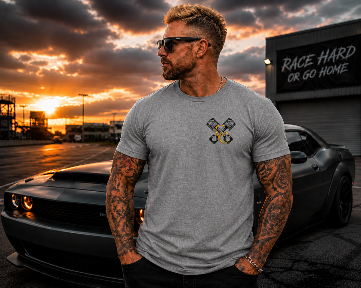 Grey motorsports T-shirt with Car Chix CC Piston Crest left chest print