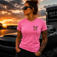 Pink racing T-shirt with Car Chix CC Piston Crest on left chest