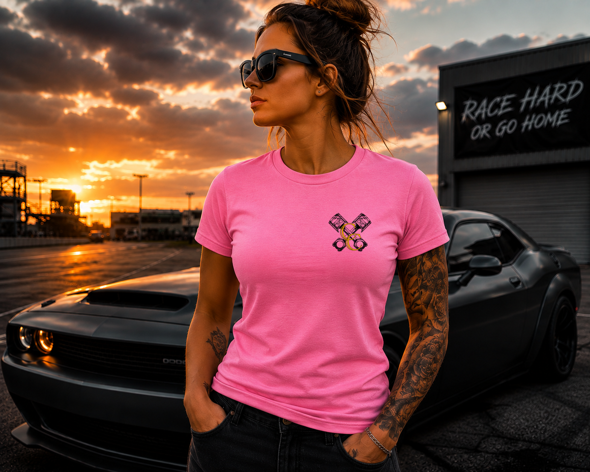 Pink racing T-shirt with Car Chix CC Piston Crest on left chest