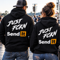 Man and woman wearing black Just Fckn Send It racing hoodies at the drag strip