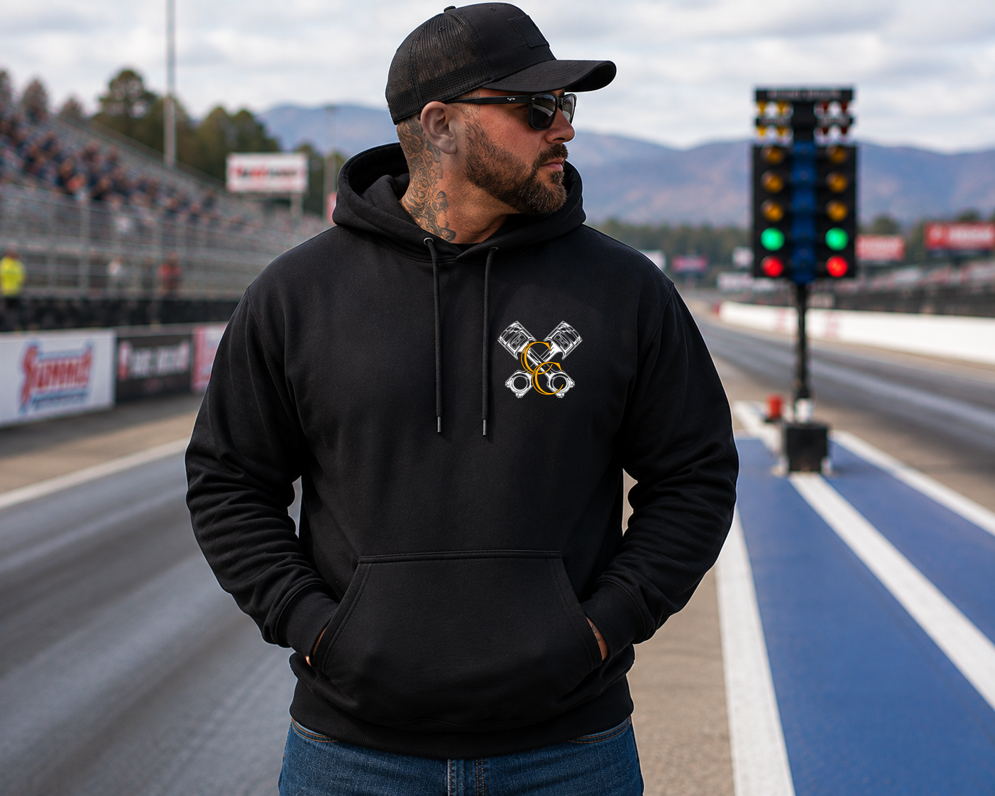 Black Just Fckn Send It hoodie with Car Chix CC Piston Crest on left chest