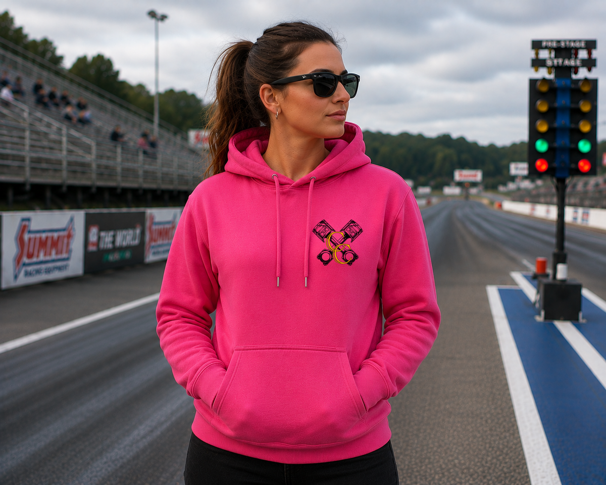 Pink racing hoodie with Car Chix CC Piston Crest on left chest