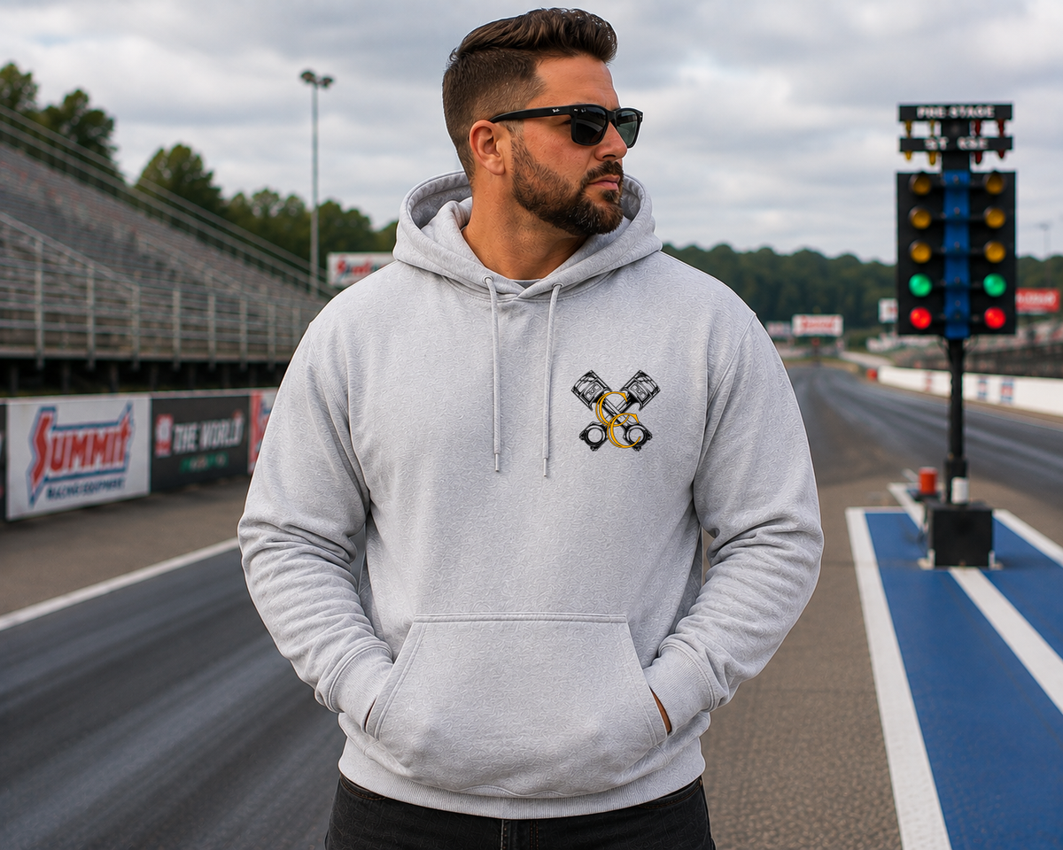 Light Grey racing hoodie with Car Chix CC Piston Crest on left chest