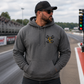 Dark Grey racing hoodie with Car Chix CC Piston Crest on left chest