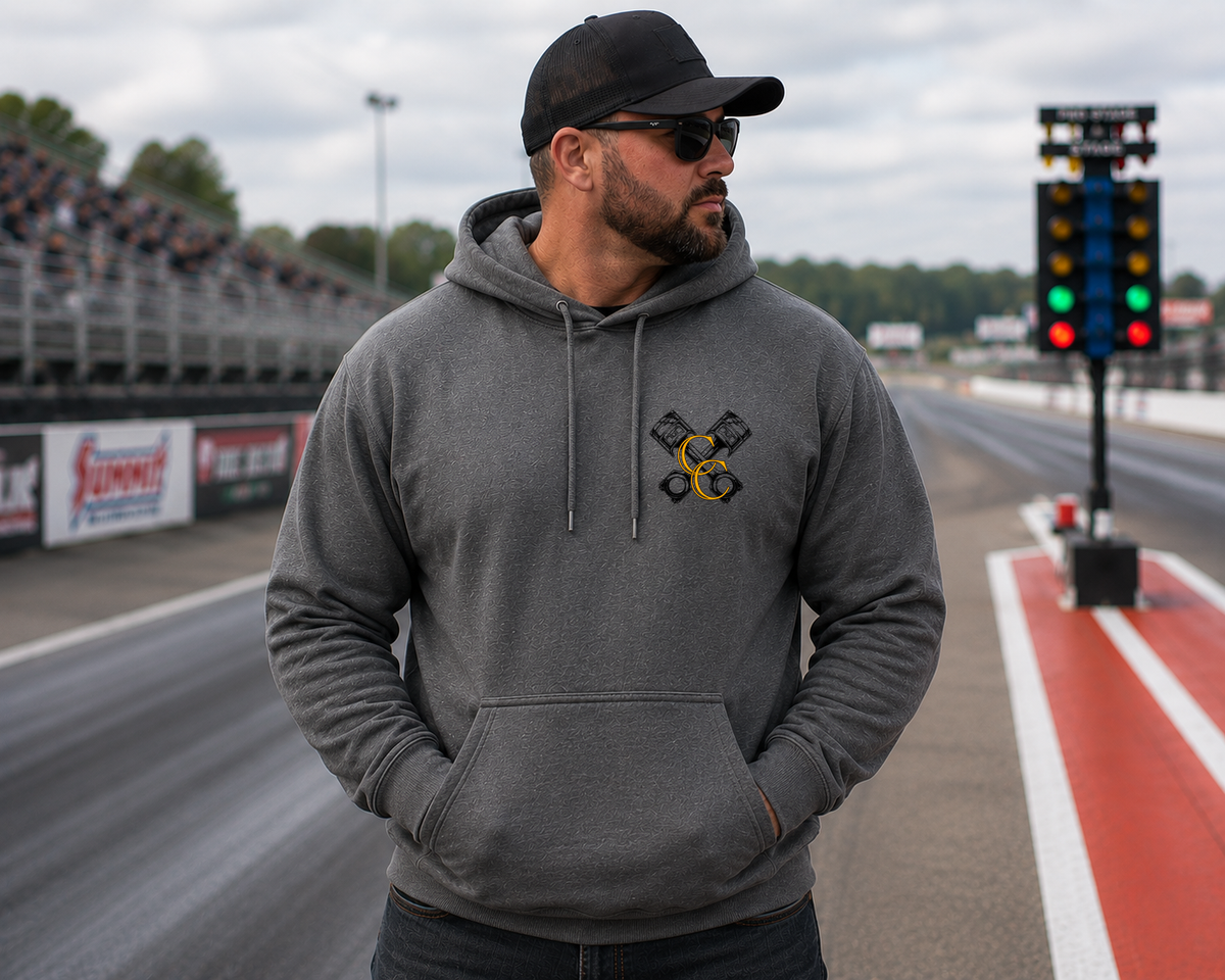 Dark Grey racing hoodie with Car Chix CC Piston Crest on left chest