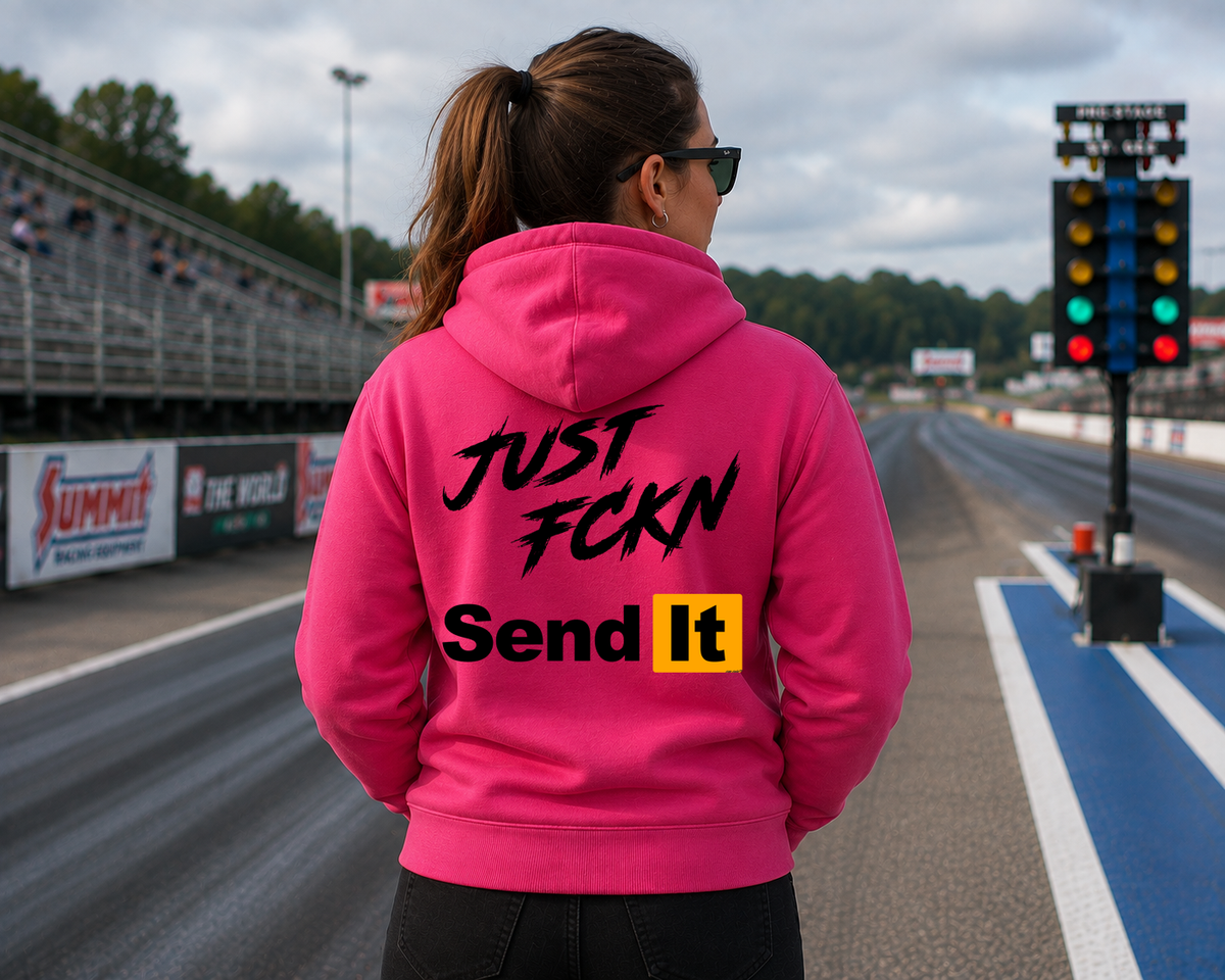 Pink Just Fckn Send It unisex racing hoodie with large back graphic by Car Chix