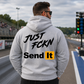 Light Grey Just Fckn Send It motorsports hoodie with large back graphic by Car Chix