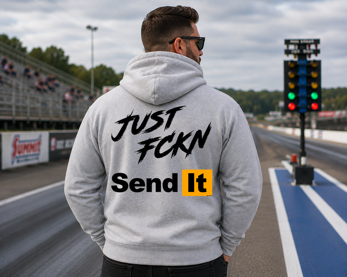 Light Grey Just Fckn Send It motorsports hoodie with large back graphic by Car Chix