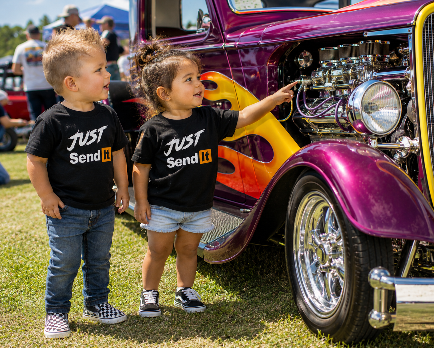 Kids wearing Just Send It toddler racing shirts at a motorsports event