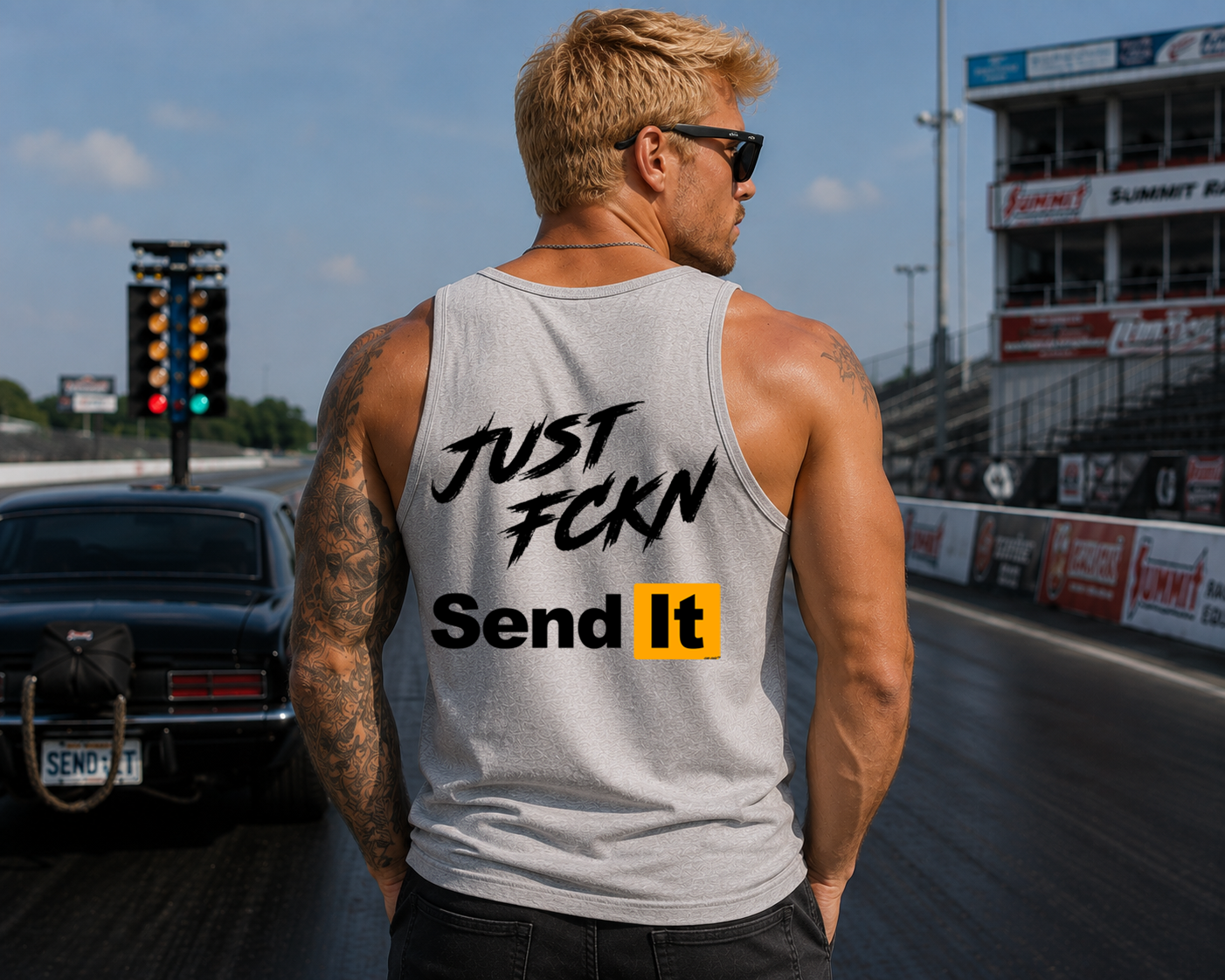 Light Grey Just Fckn Send It racing tank top with large back graphic by Car Chix