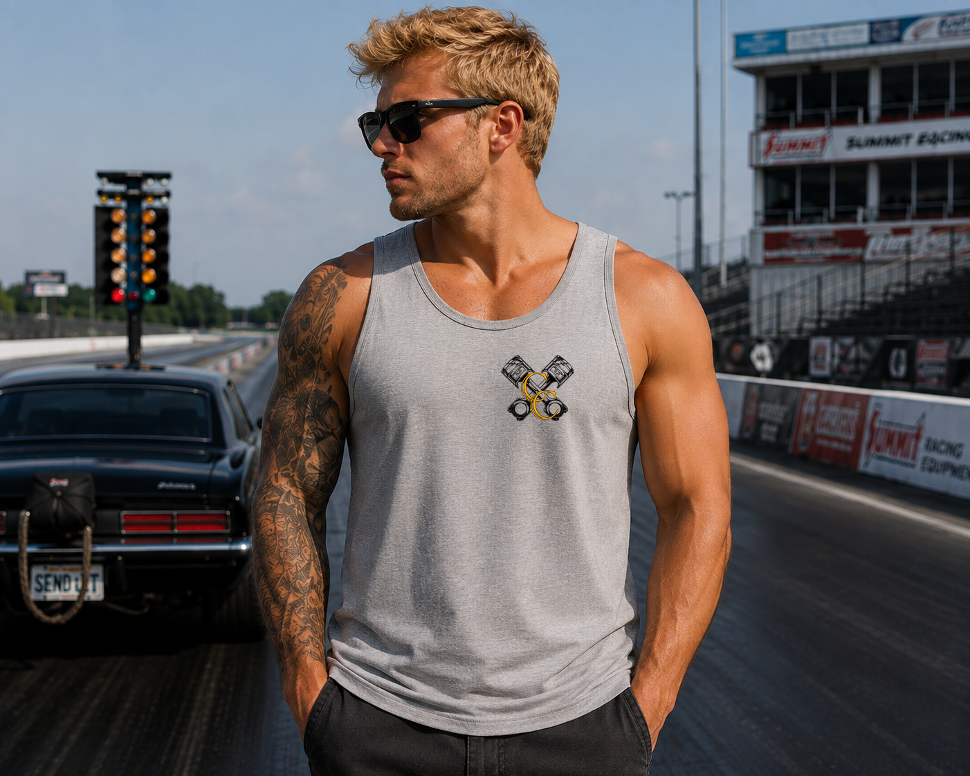 Light Grey Just Fckn Send It men's unisex tank top with Car Chix CC Piston Crest
