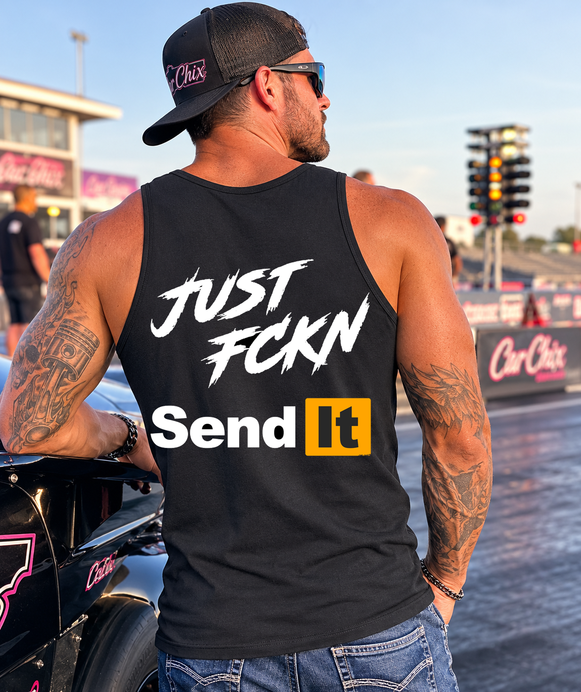 Black Just Fckn Send It racing tank top with large back graphic by Car Chix