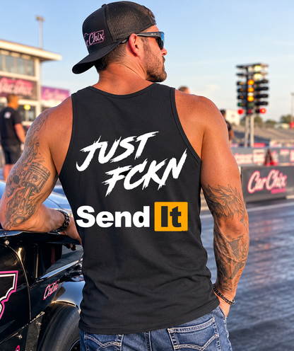 Black Just Fckn Send It racing tank top with large back graphic by Car Chix