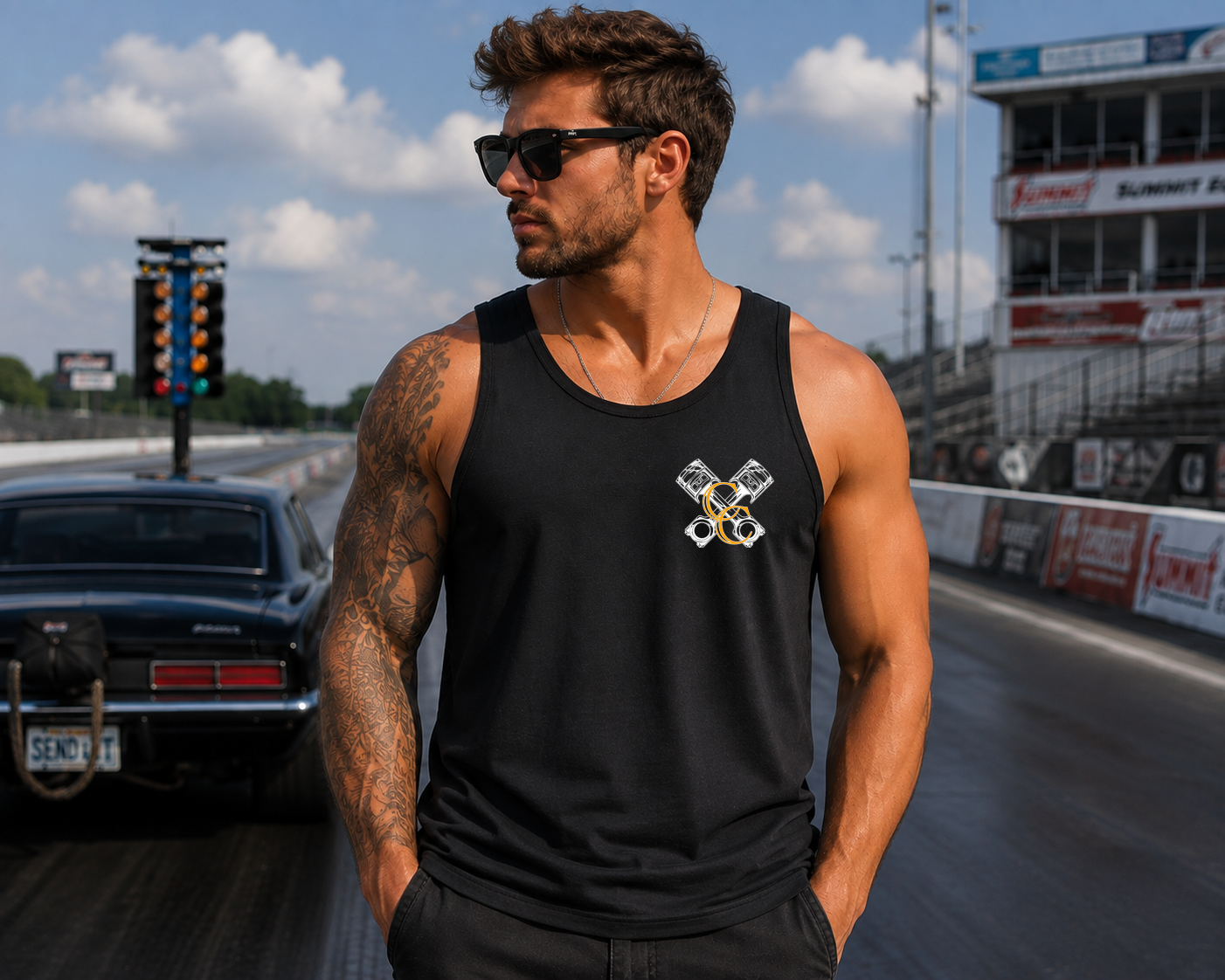 Black Just Fckn Send It men's unisex racing tank top with Car Chix CC Piston Crest