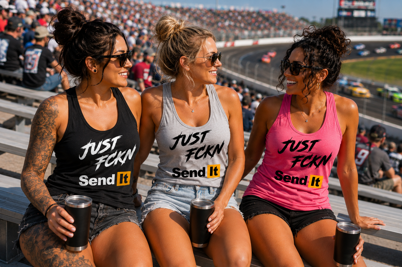 Women wearing Car Chix Just Fckn Send It racing tanks in the grandstands