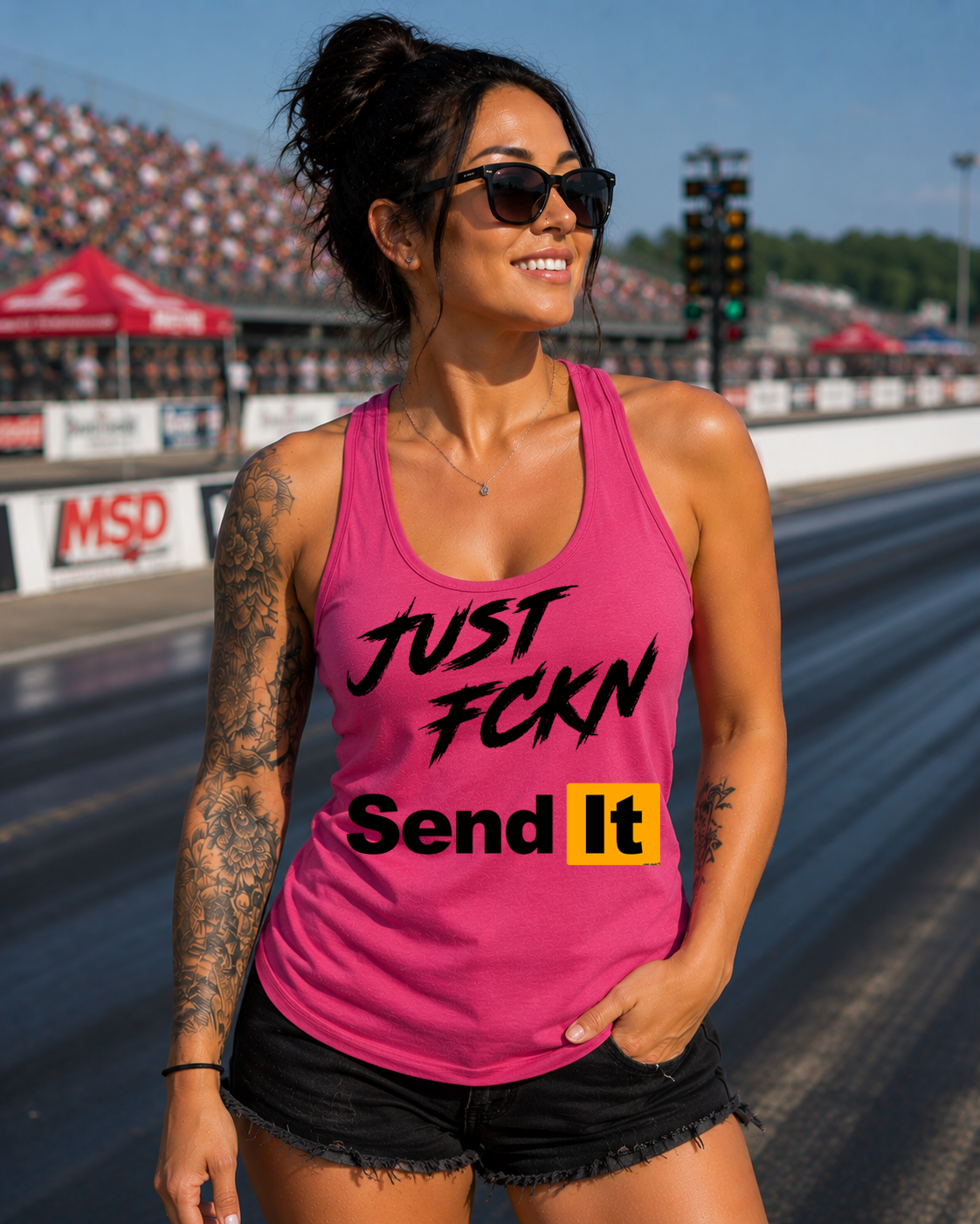 Just Fckn Send It women's pink racerback racing tank top by Car Chix