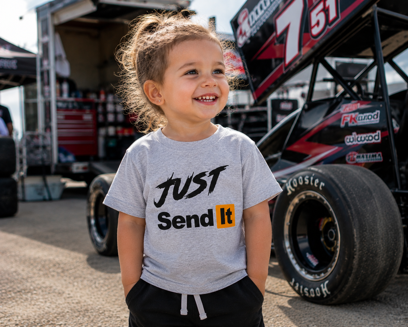 Just Send It light grey toddler racing T-shirt by Car Chix