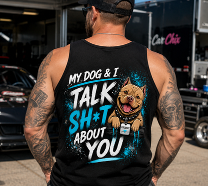 Man wearing black My Dog & I Talk Sh*t About You tank top with neon blue Prodigy design by Car Chix