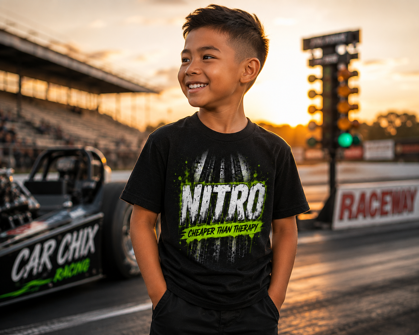 Young race fan wearing Nitro Cheaper Than Therapy youth racing shirt by Car Chix