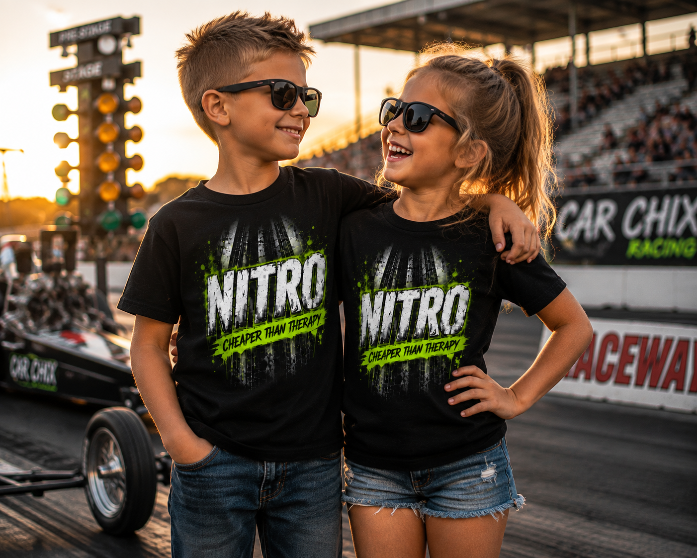 Kids wearing matching Nitro Cheaper Than Therapy drag racing shirts by Car Chix