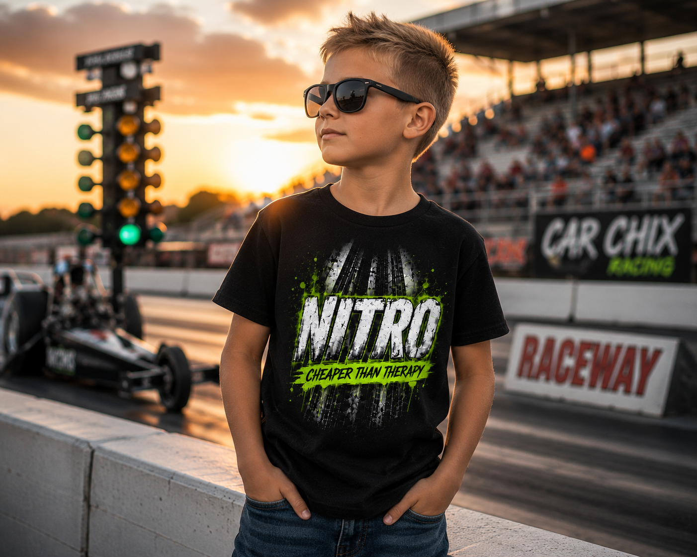 Nitro Cheaper Than Therapy youth drag racing t-shirt by Car Chix at the drag strip