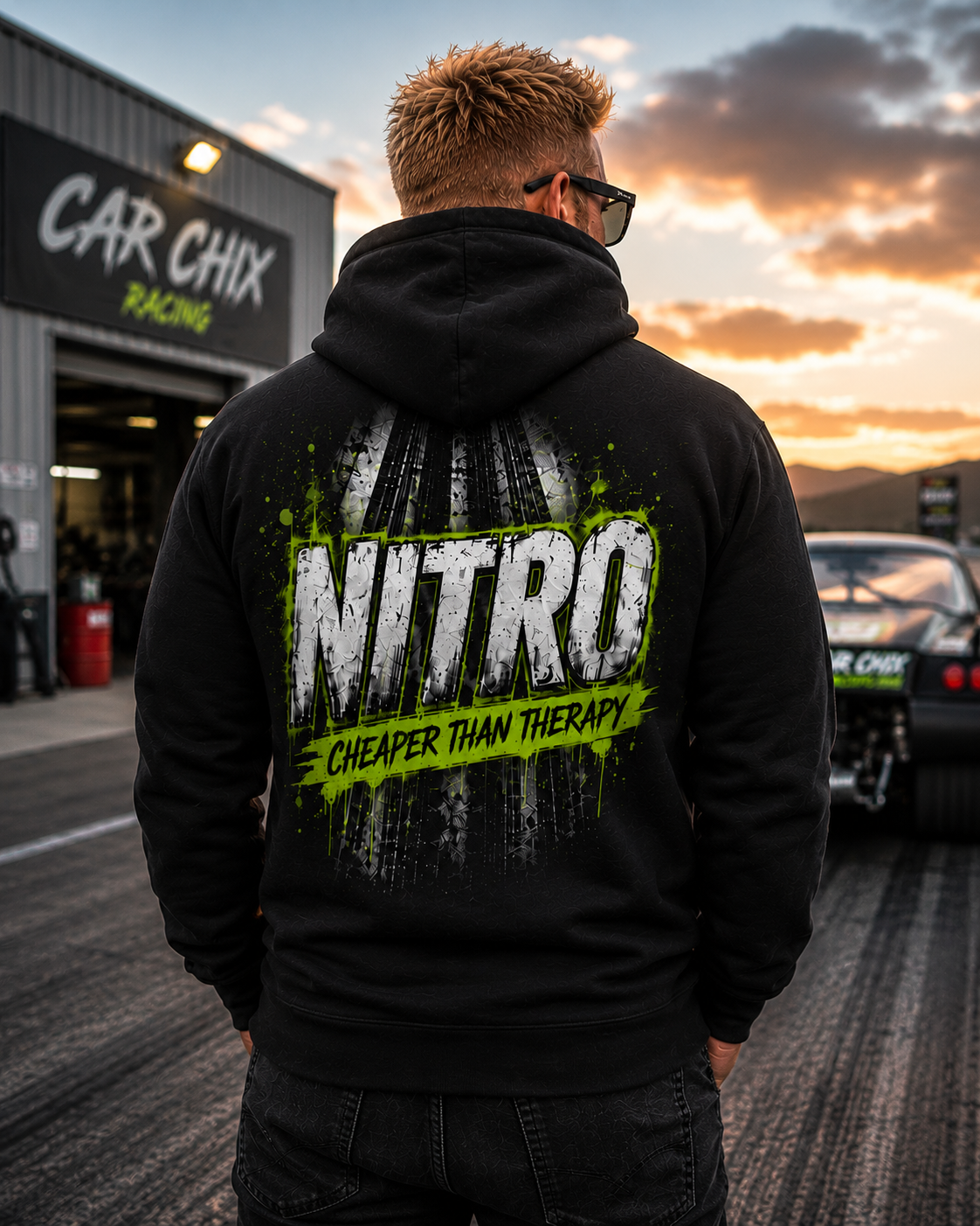 Back of Nitro Cheaper Than Therapy hoodie at the drag strip by Car Chix