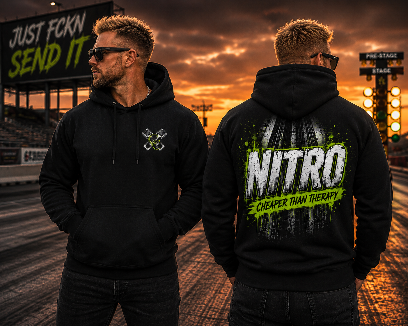 Nitro Cheaper Than Therapy drag racing hoodie by Car Chix featuring front logo and large back graphic